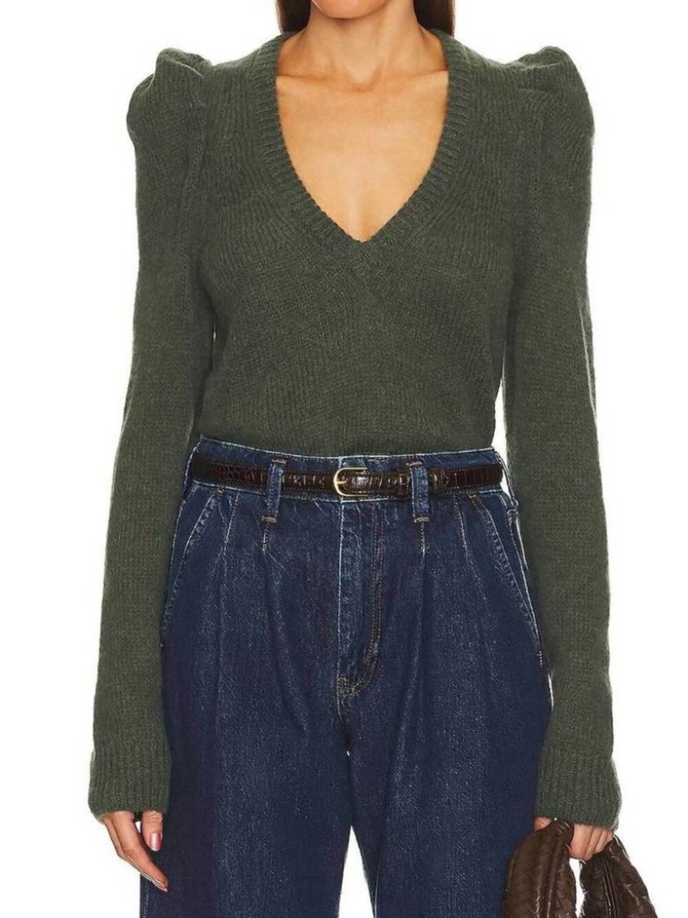 Nation LTD Lara Puff Shoulder V-Neck Sweater Moss Green Alpaca Blend Size M